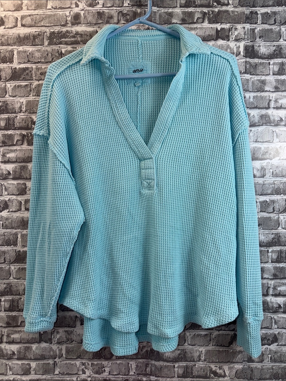 aerie Aqua Waffle-Knit V-Neck Collared Sweater